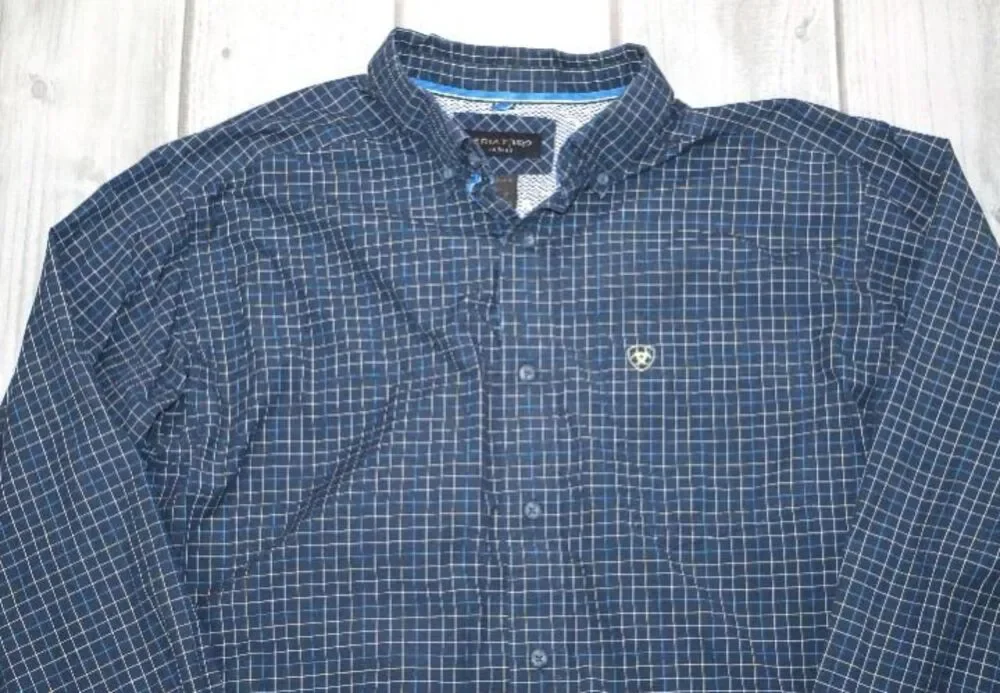 Ariat Pro Series Shirt Men's L Pro Pharell Navy Yellow Plaid Long Sleeve Western